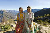 Tarahumara Indian sisters, Urique Canyon, the deepest canyon in the Sierra Tarahumara at 6, 200 feet, is one of six distinct canyons that make up the Copper Canyon Barranca del Cobre, Chihuahua, Mexico