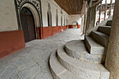 Rila monastery, arcades of the residential buidling and stairs of stone, Bulgaria