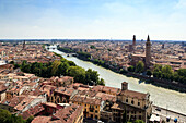 View of Verona. Tower of the Church of Santa Anastasia and Torre dei Lamberti. Italy