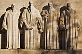 Detail from the Reformation Wall in Bastions Park showing Guillaume Farel, Jean Calvin, Theodore de Bèze and John Knox, Vieille-Ville, Genève, Geneva, Switzerland