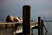 Woman sunbathing on a jetty, Lake Starnberg, Bavaria, Germany