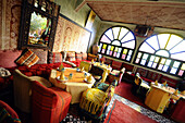 Colourful dining area at Hotel Asmaa, Zagora, Draa valley, South Morocco, Morocco, Africa