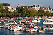 Switzerland, Zurich, street parade, party boats on Zurich lake