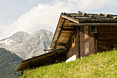 Moaregg Alm im Wandergebiet Klausberg mit Blick auf Zillertaler Alpen, Tauferer Ahrntal, Südtirol, Italien