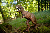Toy tyrannosaurus rex in the forest