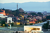 Macedonia. Skopje. Mustafa Pasha Mosque and Macedonia National Theater / Dawn