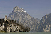 Chapel Traunkirchen with the Traunstein mountain in the background on the Traunsee, Salzkammergut, Austria, Europe