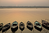Boats on the Ganges River at Sunrise, Varanasi, Uttar Pradesh, India