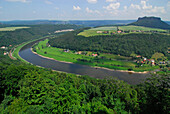 View over Elbe river to mount Lilienstein, Saxon Switzerland, Elbe Sandstone Mountains, Saxony, Germany