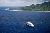 Aerial view of cruiseship MV Columbus off Rarotonga, Cook Islands, South Pacific, Oceania