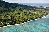Aerial view of beach and coastline of Rarotonga island, Cook Islands, South Pacific, Oceania
