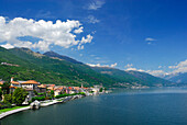 Cannobio and western shore of lake Maggiore beneath Gridone mountain, Cannobio, lake Maggiore, Lago Maggiore, Piemont, Italy