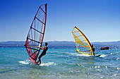 Sail boarders at Golden Horn under blue sky, Brac island, Croatian Adriatic Sea, Dalmatia, Croatia, Europe