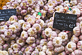 Garlic bulbs on display on market