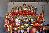 Ravana, ten headed King of Lanka, who abducted Sita (the Ramayana epic); brother of Vibhishana & Surpanakha; father of Indrajit; husband of Mandodari. Ten Headed Ravana vahana in Kapaleeshvarar temple in Chennai, India.