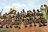 School girls enjoying Sunrise at Kanyakumari, Tamil Nadu, India.
