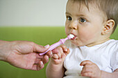 Baby girl (8 month) with toothbrush, Vienna, Austria
