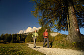 Junges Paar wandert unter blauem Himmel, Rosengarten, Dolomiten, Südtirol, Italien, Europa