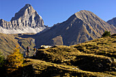Ein Paar fährt auf Mountainbikes in den Bergen, Graubünden, Schweiz, Europa