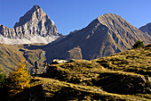 A couple riding mountain bikes in the mountains, Grisons, Switzerland, Europe