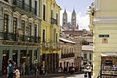 Ecuador.Quito.Historical center.Street of  Guayaquil  and La Basilica del Voto Nacional (XIX_XX century) in the background.