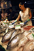 Fish stall at La Boqueria market, Barcelona. Catalonia, Spain