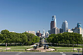 Downtown skyline from art museum steps  Philadelphia  Pennsylvania  USA