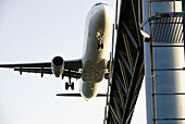 Airliner landing in Lanzarote airport. Canary Islands. Spain