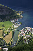 Norway, Aurlandsfjorden, Aurland town, aerial view