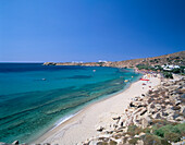 View of beach and bay, Paradise beach, Mykonos Island, Greek Islands