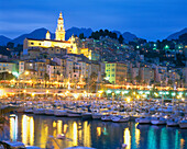 View of Harbour at Dusk, Menton, Cote d'Azur, France