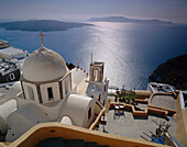 White Church & Terraced Patios with View over Bay, Oia, Santorini Island, Greek Islands