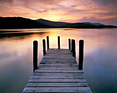 Sunset with Wooden Jetty, Derwentwater, Cumbria, UK, England