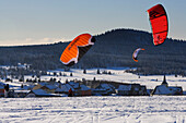 Snowkiting at mount Fichtelberg, Ore mountains, Saxony, Germany