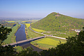 View over river Weser to Wittekindsberg with Emperor-Wilhelm-monument, Porta Westfalica, North Rhine-Westphalia, Germany