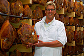 indoor photo, production of westfalian ham, Schinken Hartmann, Beelen, Münsterland, North Rhine-Westphalia, Germany, Europe