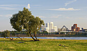 View over river Rhine to Media Harbour, Duesseldorf, North Rhine-Westphalia, Germany