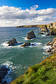 View of rocks in sea along coastline, Bedruthan Steps, Cornwall, UK, England