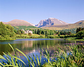 View across lake to Inverlochy Castle, Fort William, near, Highland, UK, Scotland