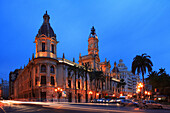 Plaza Ayuntamiento, the town hall at night, Valencia, Valencia Region, Spain