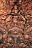 Intricate bas-relief at Banteay Srei temple, Siem Reap, near, Cambodia