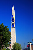 Luxor Hotel and Casino, Cleopatras Needle with name sign, Las Vegas, Nevada, USA