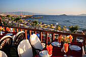 View over beach from restaurant balcony, Turgutreis, Aegean, Turkey