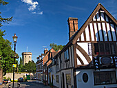 View of Tea Shop with Warwick Castle, Guys Tower, Warwick, Warwickshire, UK, England