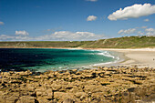 View of bay and beach, Sennen Cove, Cornwall, UK, England