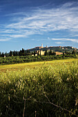View over countryside to town, Pienza, Tuscany, Italy
