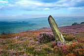 Standing Stone and moorland scenery in the North York Moors, Fryupdale, Yorkshire, UK, England