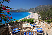 Beach scene, overview from restaurant terrace, Oludeniz, Mediterranean, Turkey