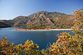 View over Blue Lagoon to beach and mountains, Oludeniz, Mediterranean, Turkey
