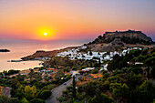 View over Lindos town at sunrise, Lindos, Rhodes Island, Greek Islands